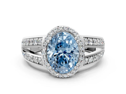 White gold Fancy Blue Oval Cut Diamond Halo Ring with Split Shank Pavé Band and Four-Prong Setting_24