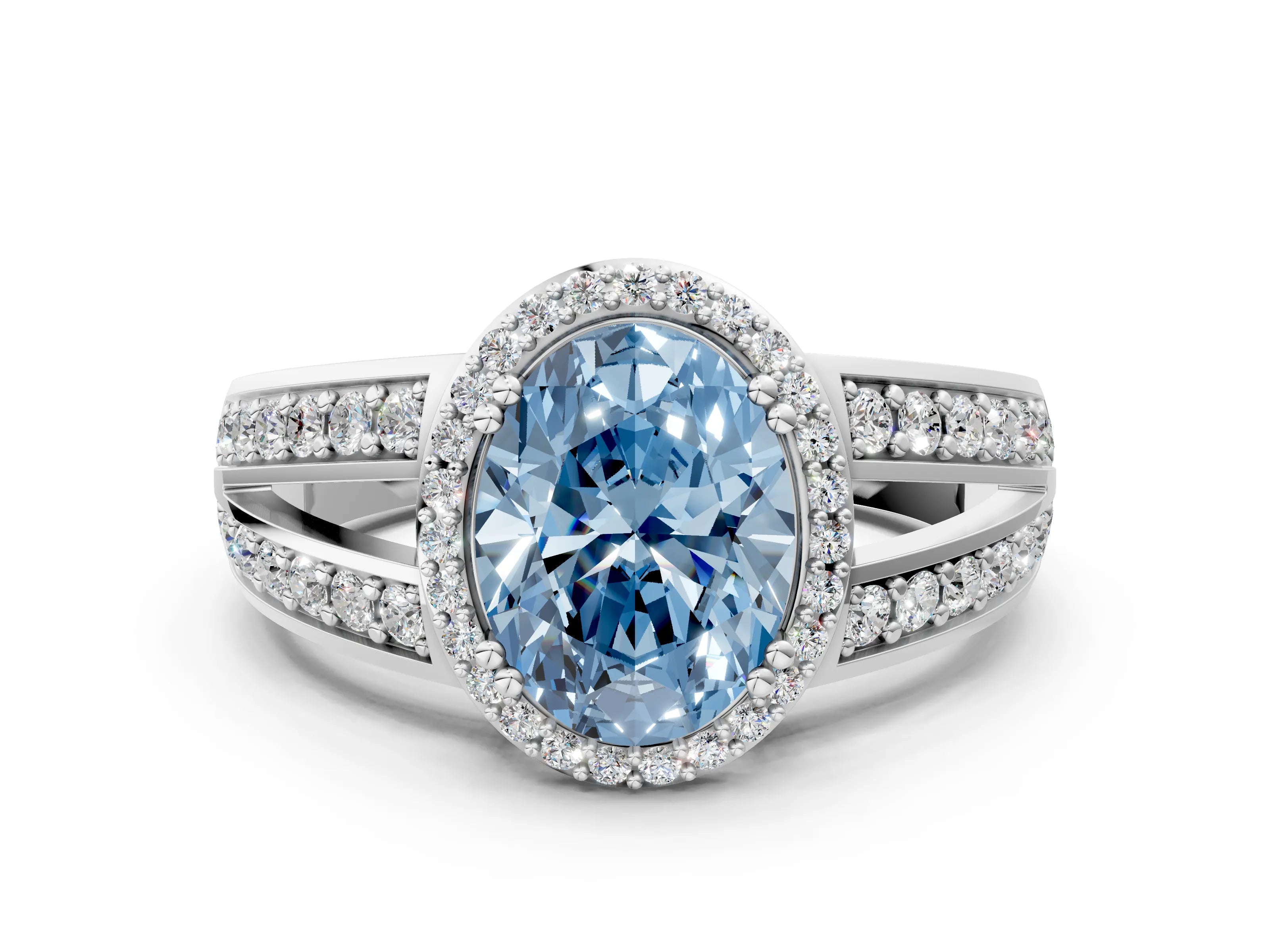 White gold Fancy Blue Oval Cut Diamond Halo Ring with Split Shank Pavé Band and Four-Prong Setting_34