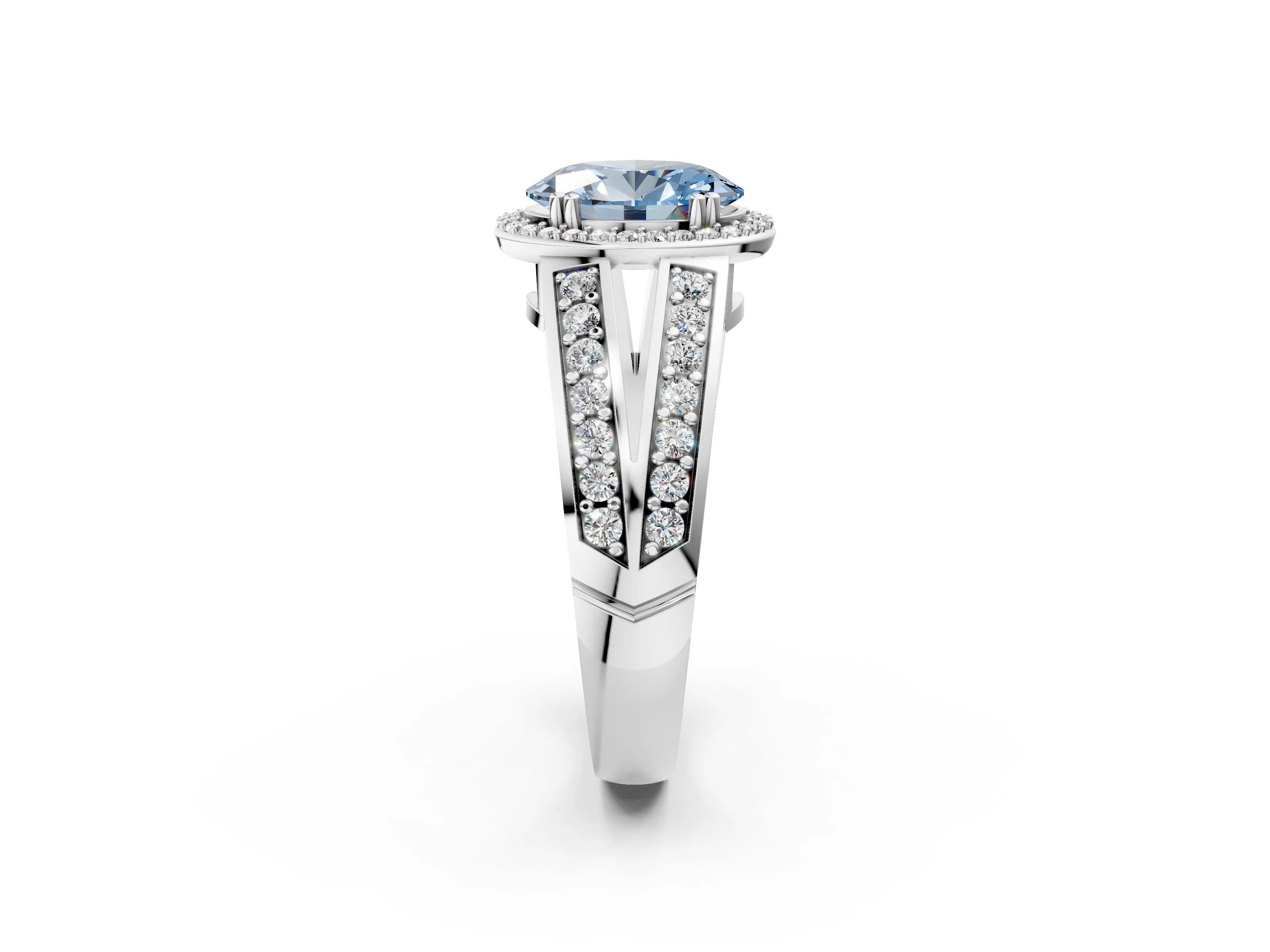 White gold Fancy Blue Oval Cut Diamond Halo Ring with Split Shank Pavé Band and Four-Prong Setting_38