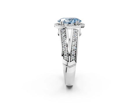 White gold Fancy Blue Oval Cut Diamond Halo Ring with Split Shank Pavé Band and Four-Prong Setting_38