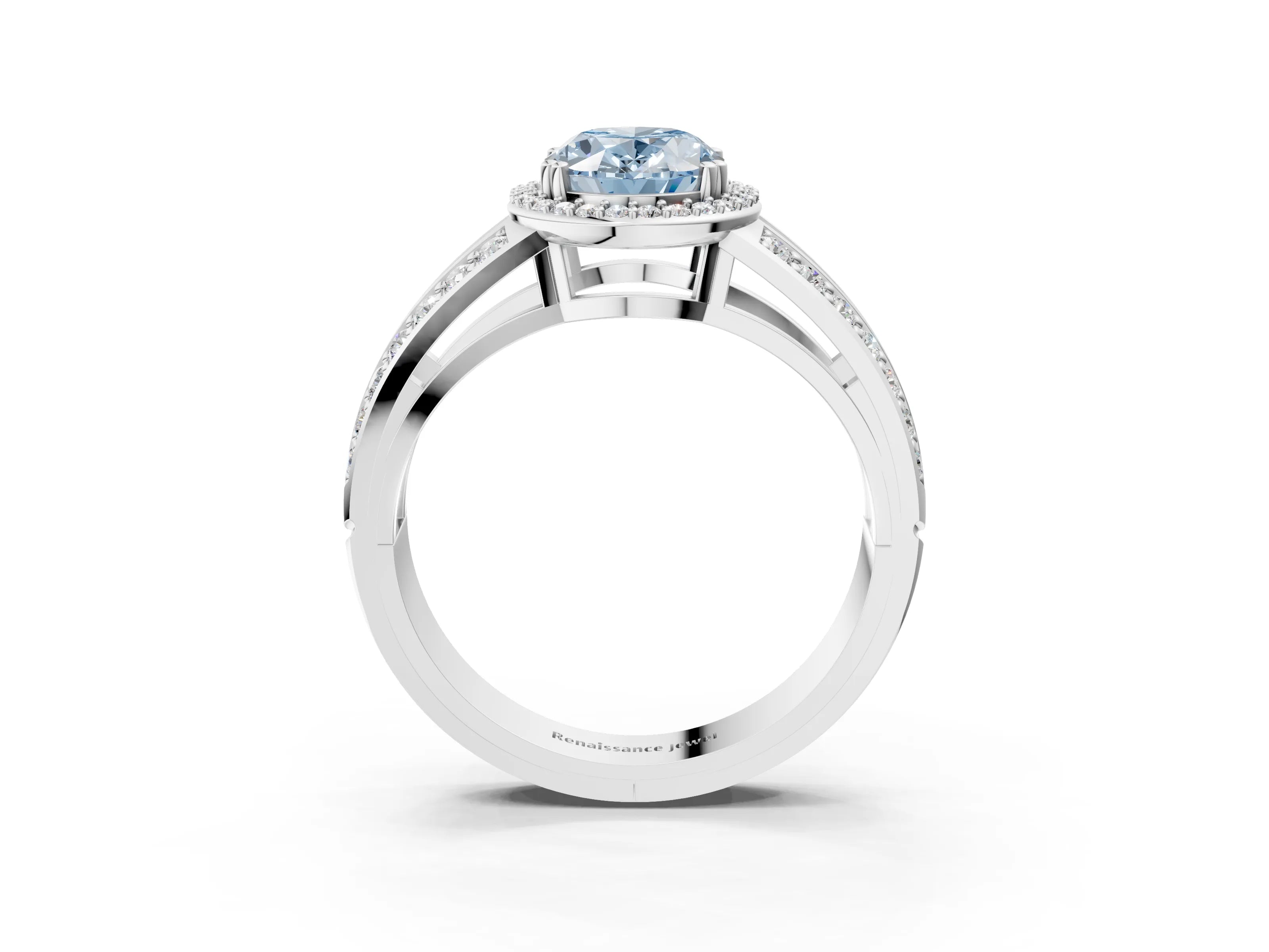 White gold Fancy Blue Oval Cut Diamond Halo Ring with Split Shank Pavé Band and Four-Prong Setting_39