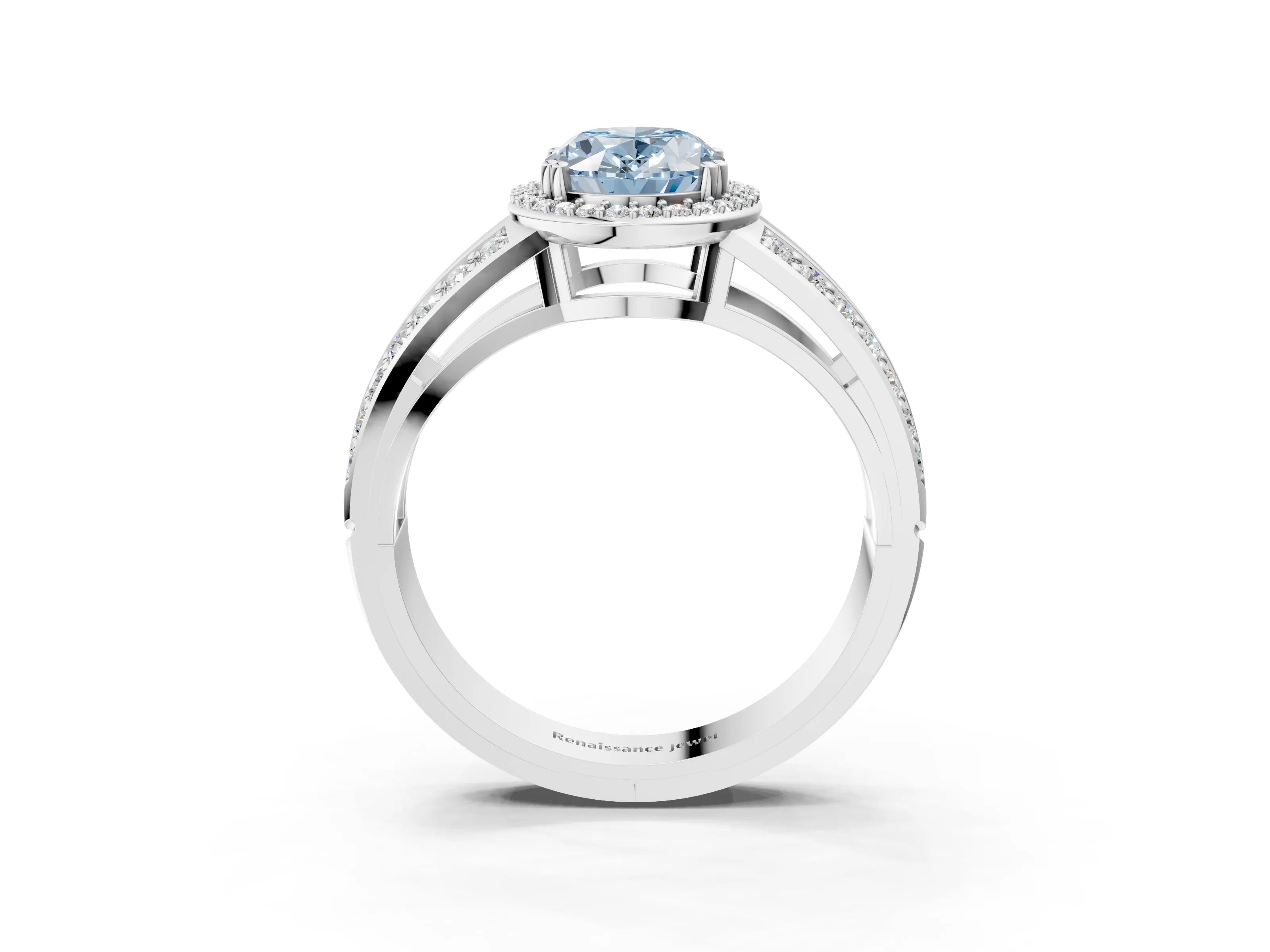 White gold Fancy Blue Oval Cut Diamond Halo Ring with Split Shank Pavé Band and Four-Prong Setting_3