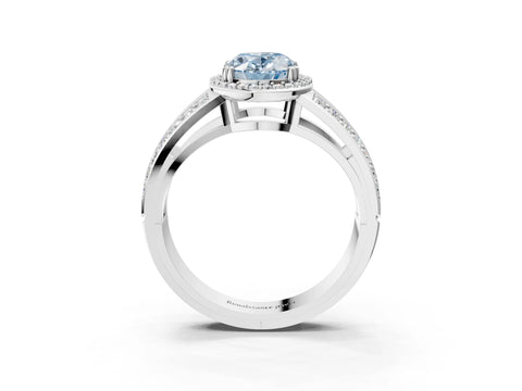 White gold Fancy Blue Oval Cut Diamond Halo Ring with Split Shank Pavé Band and Four-Prong Setting_3