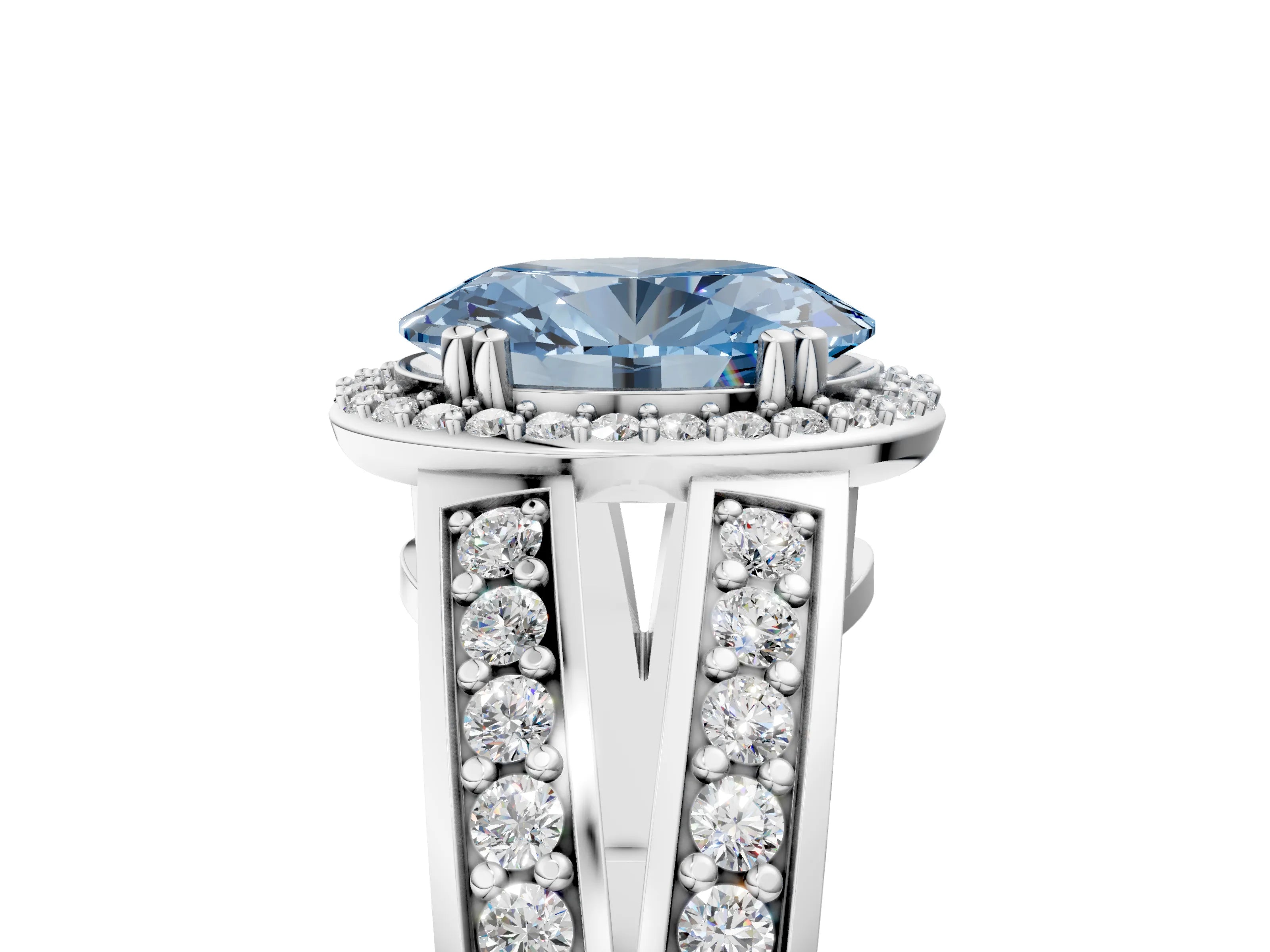White gold Fancy Blue Oval Cut Diamond Halo Ring with Split Shank Pavé Band and Four-Prong Setting_41