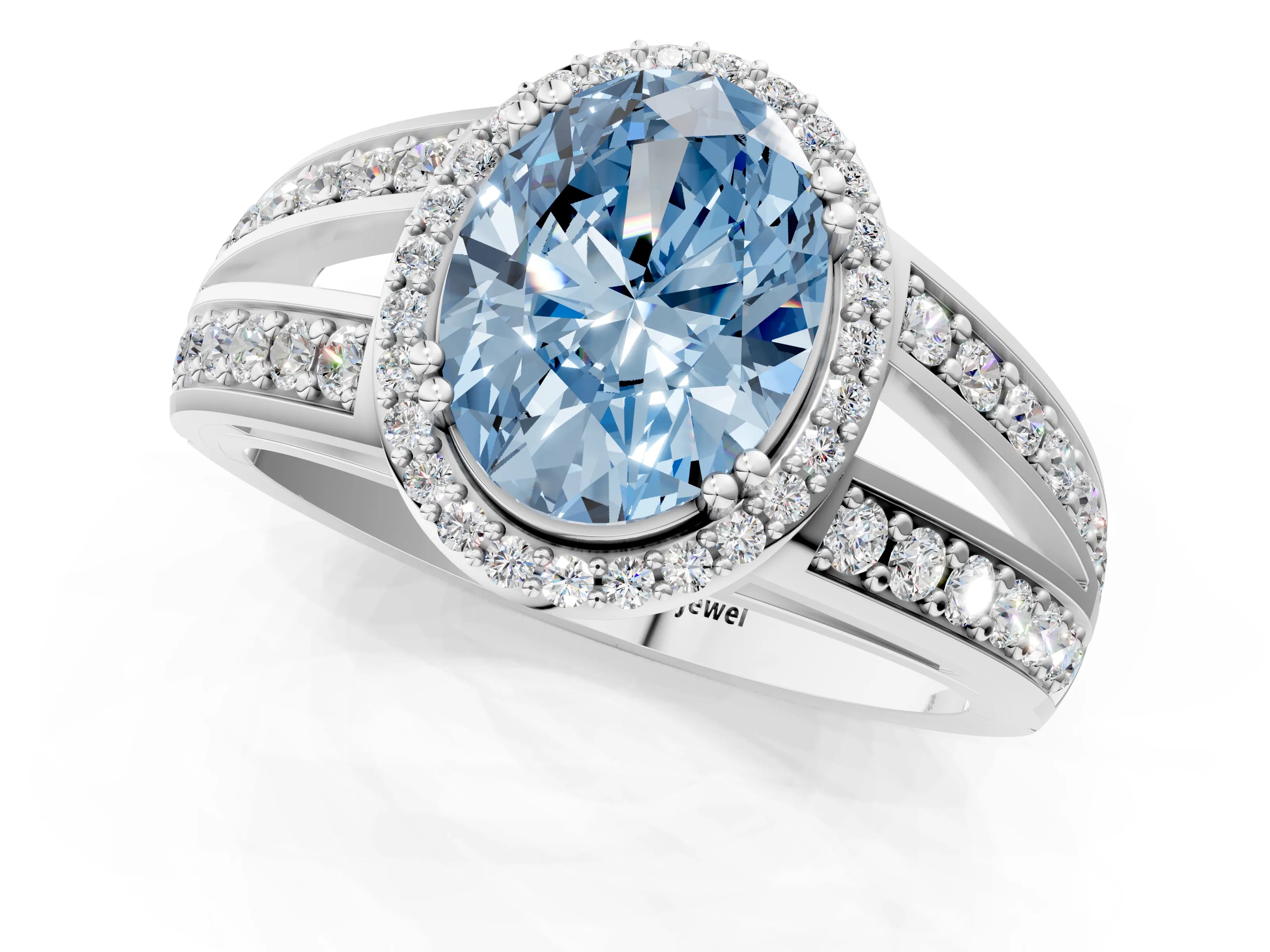 White gold Fancy Blue Oval Cut Diamond Halo Ring with Split Shank Pavé Band and Four-Prong Setting_43