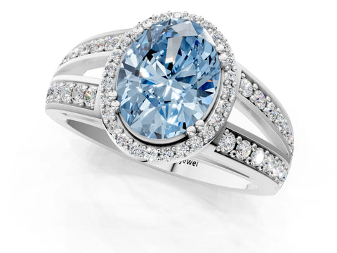 White gold Fancy Blue Oval Cut Diamond Halo Ring with Split Shank Pavé Band and Four-Prong Setting_43