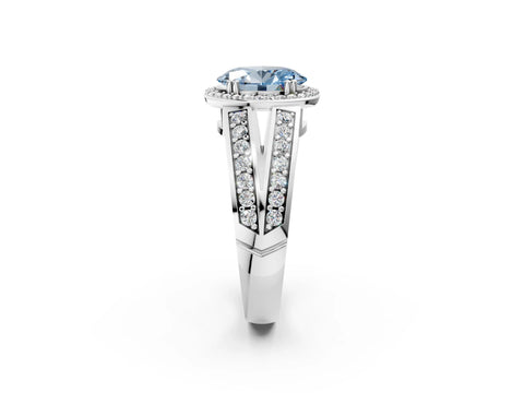 White gold Fancy Blue Oval Cut Diamond Halo Ring with Split Shank Pavé Band and Four-Prong Setting_44