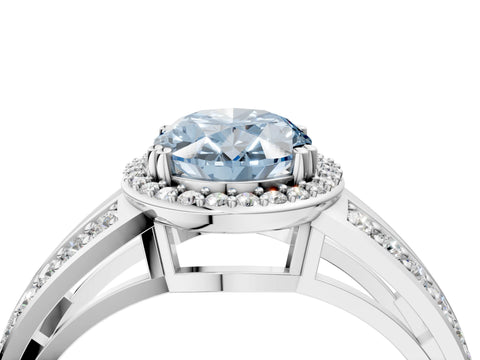 White gold Fancy Blue Oval Cut Diamond Halo Ring with Split Shank Pavé Band and Four-Prong Setting_46
