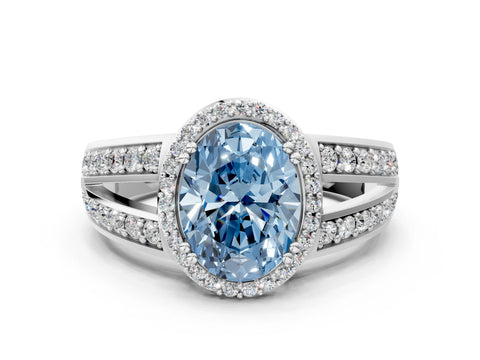 White gold Fancy Blue Oval Cut Diamond Halo Ring with Split Shank Pavé Band and Four-Prong Setting_47