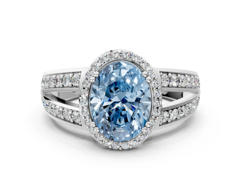 White gold Fancy Blue Oval Cut Diamond Halo Ring with Split Shank Pavé Band and Four-Prong Setting_59