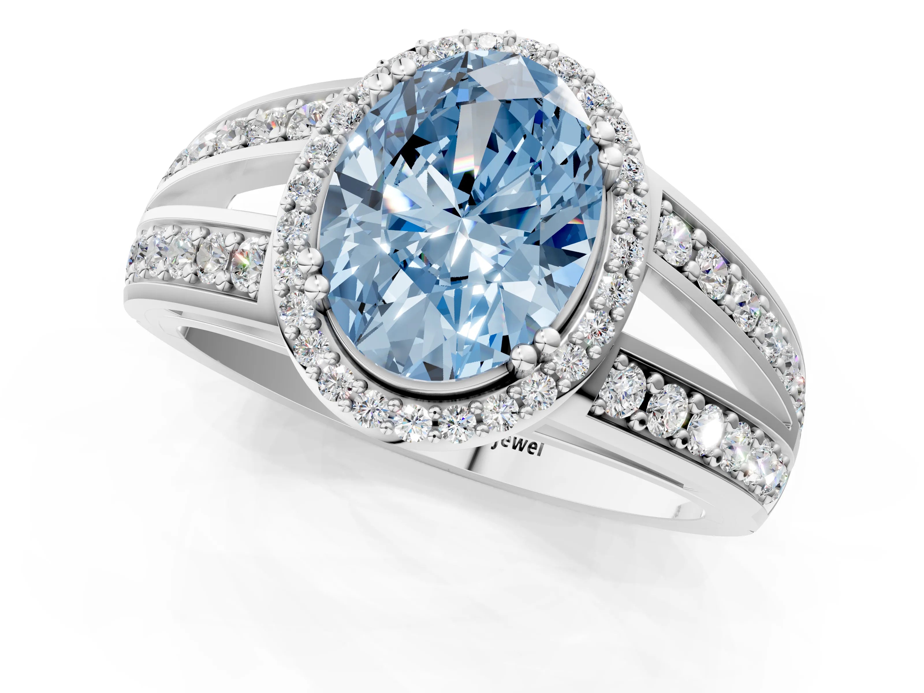 White gold Fancy Blue Oval Cut Diamond Halo Ring with Split Shank Pavé Band and Four-Prong Setting_60