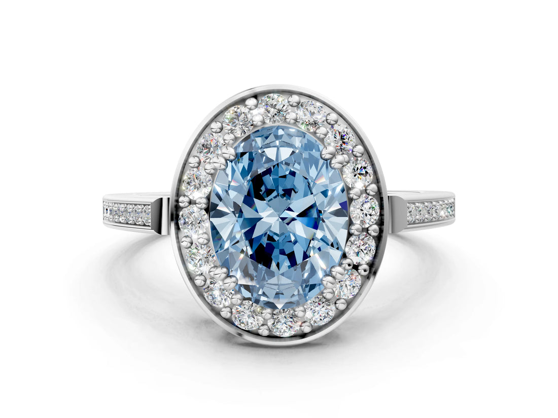 White gold Fancy Blue Oval Cut Diamond Halo Ring with Split Shank and Four-Prong Setting_93