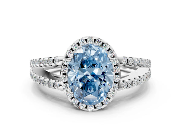 Platinum Fancy Blue Oval Cut Diamond Halo Split Shank Engagement Ring