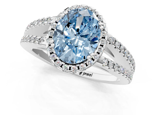 Platinum Fancy Blue Oval Cut Diamond Halo Split Shank Engagement Ring