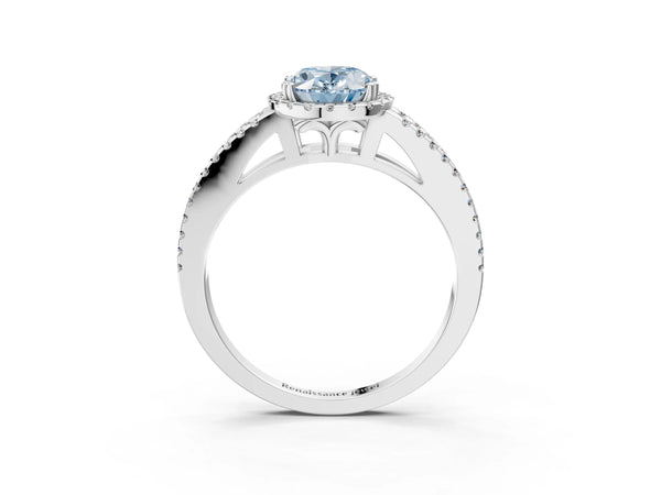 Platinum Fancy Blue Oval Cut Diamond Halo Split Shank Engagement Ring