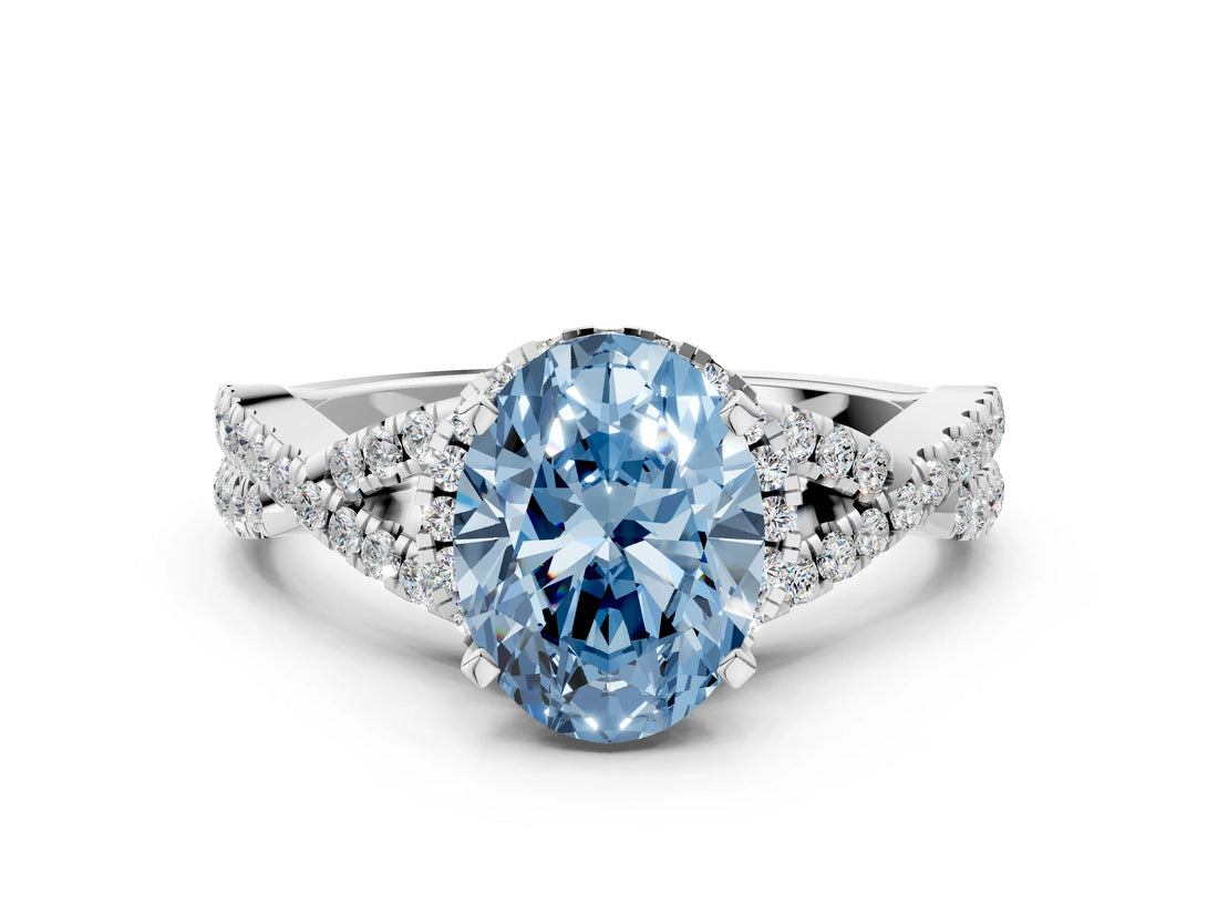 White gold Fancy Blue Oval Cut Diamond  Halo Twist Band Solitaire Prong Setting Ring_12