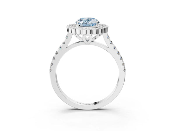 White gold Fancy Blue Oval  Cut Diamond Milgrain Floral Halo Engagement Ring with Pavé Band