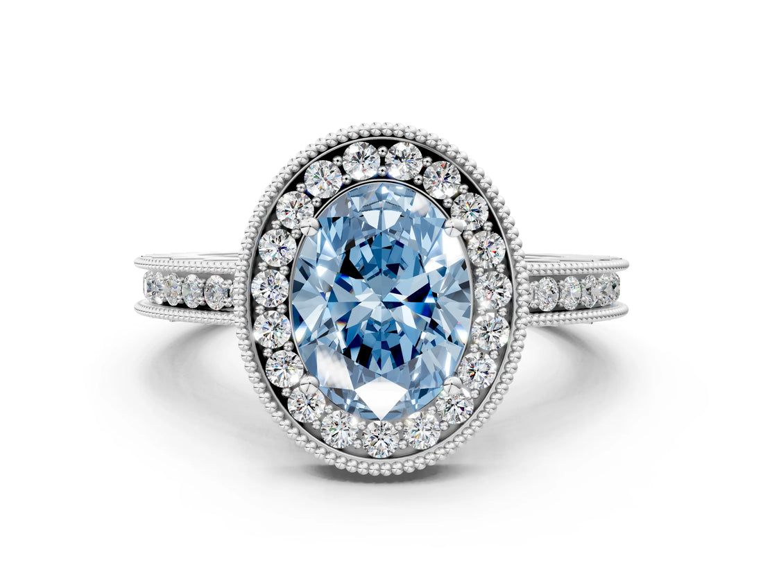 White gold Fancy Blue Oval Cut Diamond Milgrain Halo Engagement Ring with Round Pavé Band and Prong Setting_12