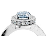 White gold Fancy Blue Oval Cut Diamond Milgrain Halo Engagement Ring with Round Pavé Band and Prong Setting_16