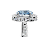 White gold Fancy Blue Oval Cut Diamond Milgrain Halo Engagement Ring with Round Pavé Band and Prong Setting_17