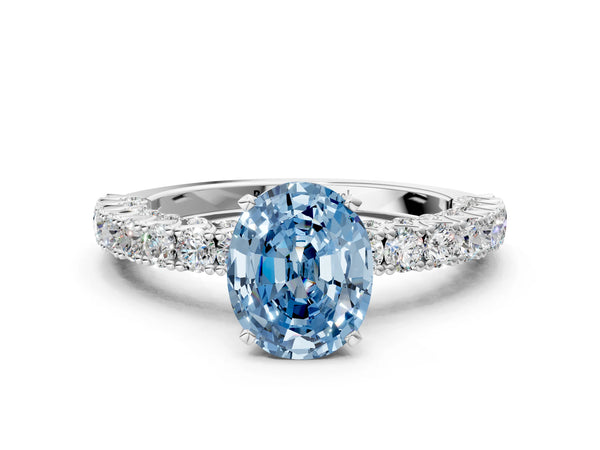 Platinum Fancy Blue Oval Cut Diamond Pavé Band Solitaire Ring with Prong Setting