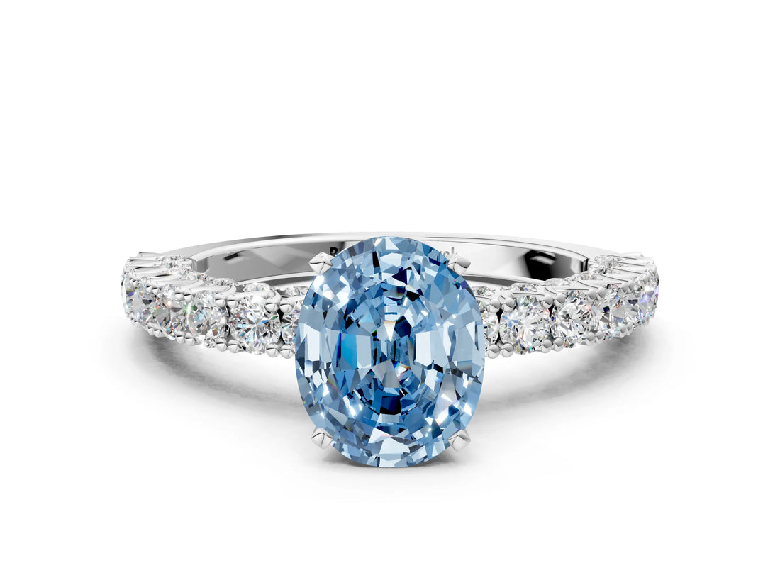 White gold Fancy Blue Oval Cut Diamond Pavé Band Solitaire Ring with Prong Setting_105