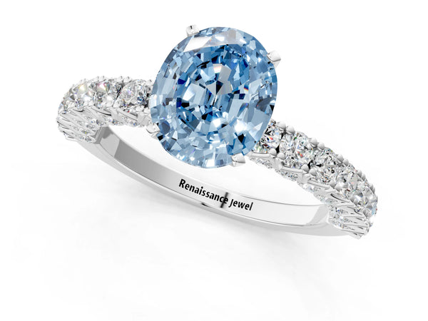 Platinum Fancy Blue Oval Cut Diamond Pavé Band Solitaire Ring with Prong Setting