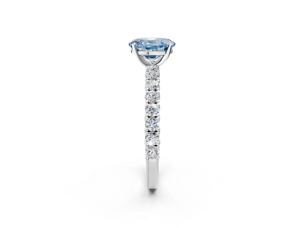 Platinum Fancy Blue Oval Cut Diamond Pavé Band Solitaire Ring with Prong Setting