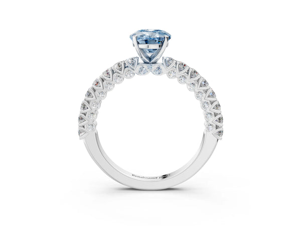 Platinum Fancy Blue Oval Cut Diamond Pavé Band Solitaire Ring with Prong Setting