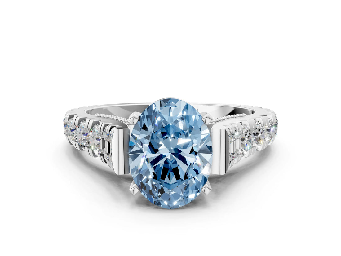 White gold Fancy Blue Oval  Cut Diamond Pavé Band Solitaire with Four-Prong Setting_15