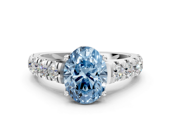 Platinum Fancy Blue Oval  Cut Diamond Solitaire Ring with Micro Pave Band and Prong Setting