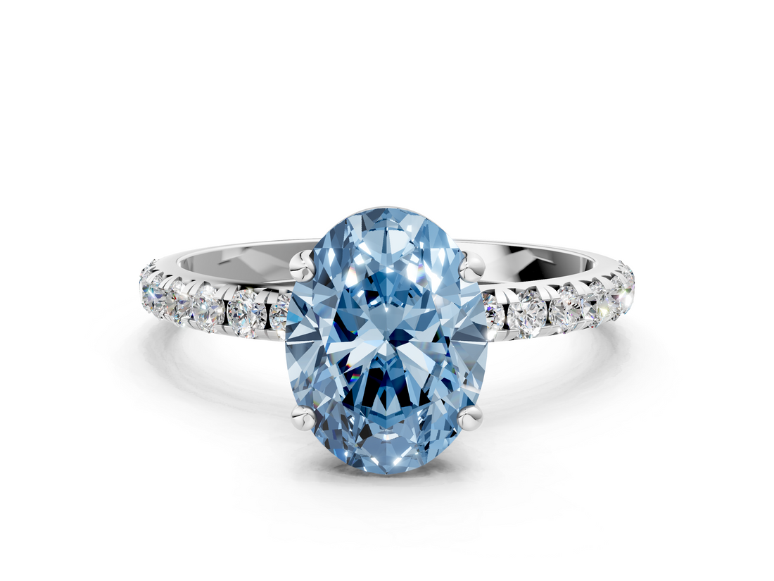 White gold Fancy Blue Oval  Cut Diamond Pavé Band Solitaire with Four-Prong Setting_3