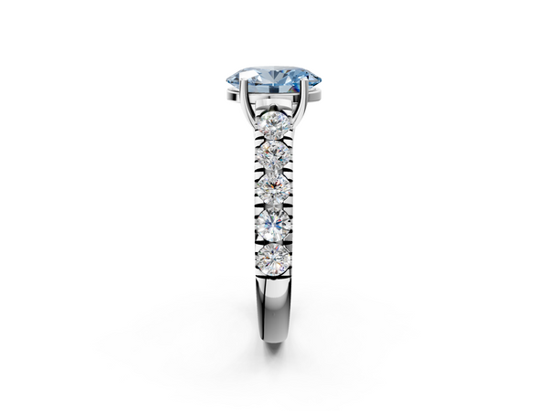 Platinum Fancy Blue Oval  Cut Diamond Solitaire Ring with Micro Pave Band and Prong Setting