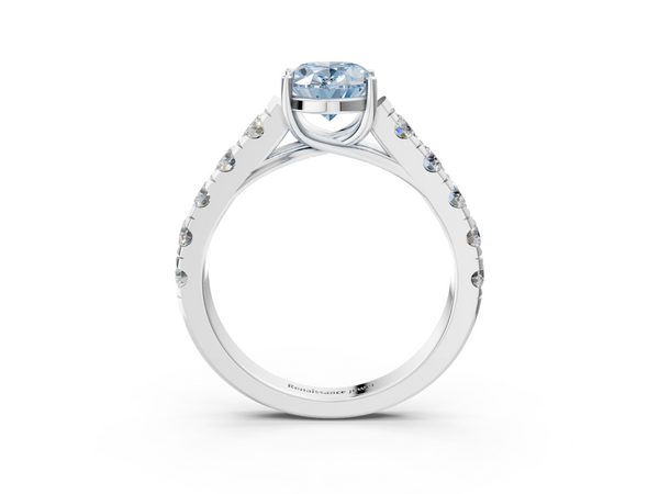 Platinum Fancy Blue Oval  Cut Diamond Solitaire Ring with Micro Pave Band and Prong Setting