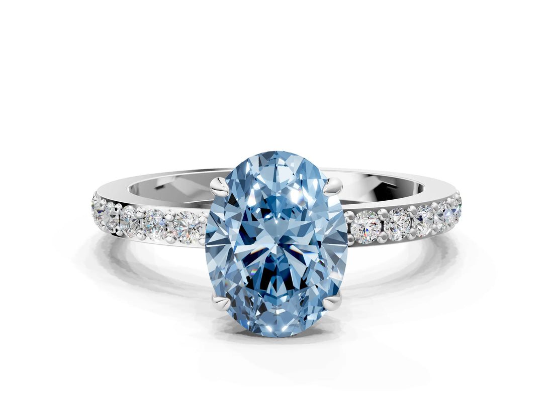 White gold Fancy Blue Oval Cut Diamond Pavé Engagement Ring with Round  Accents and Prong Setting_91