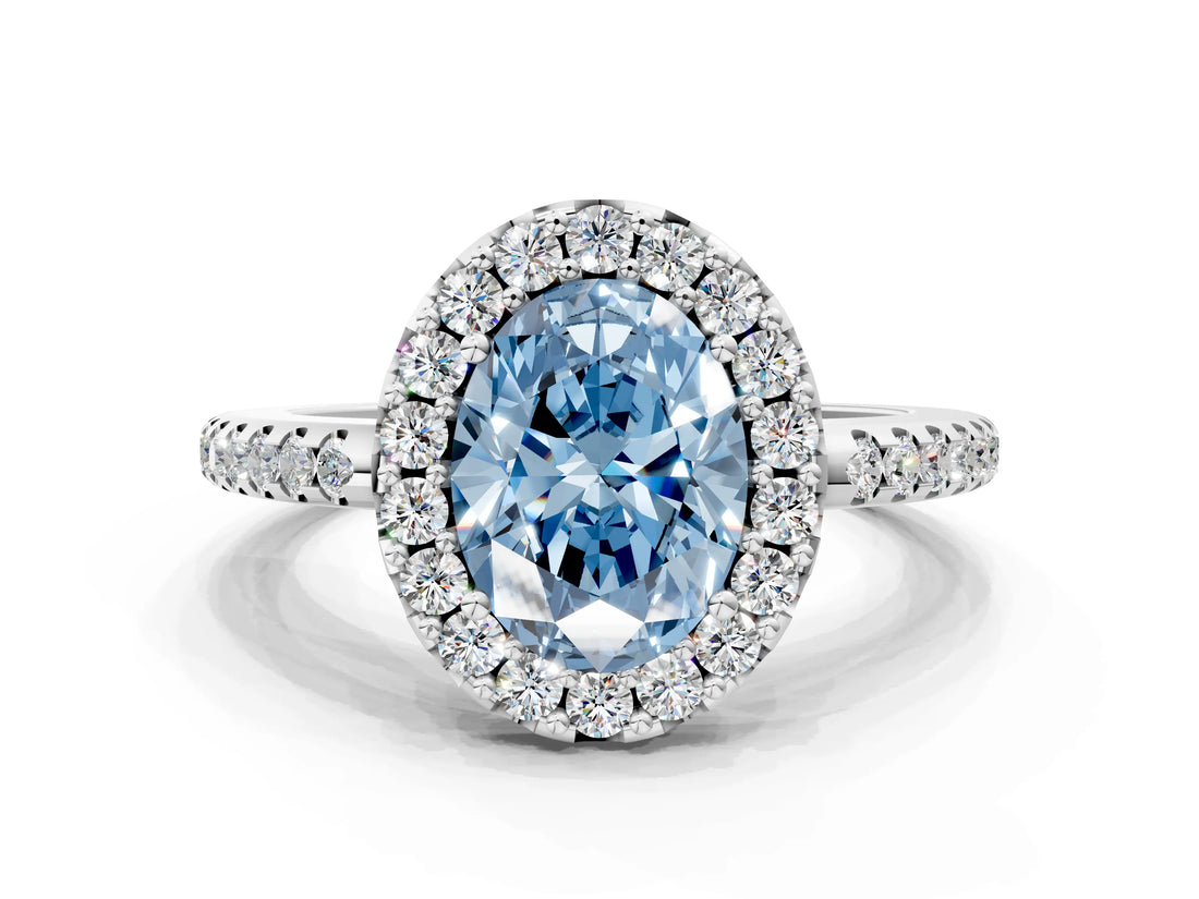 White gold Fancy Blue Oval Cut Diamond Pavé Halo Ring with Four-Prong Setting_48