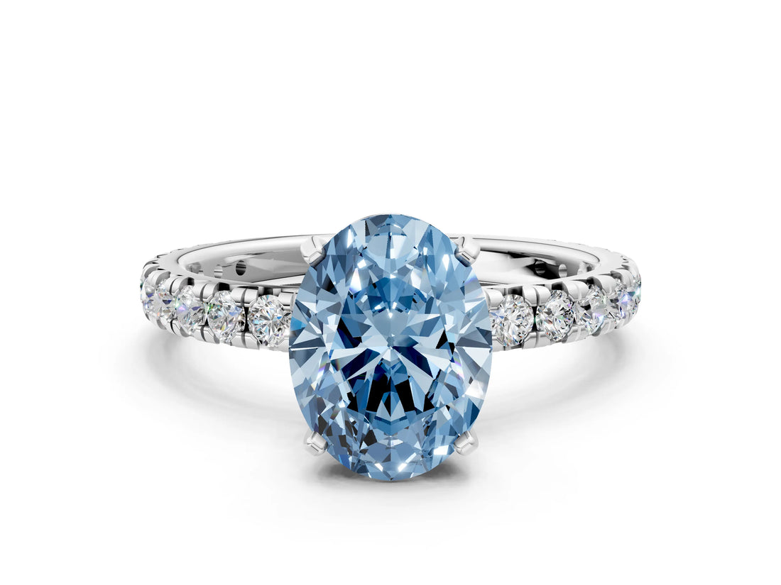 White gold Fancy Blue Oval Cut Diamond Pavé Solitaire Ring with Round Band and Prong Setting_18