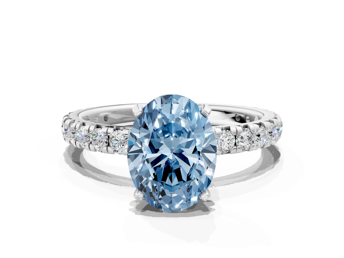 White gold Fancy Blue Oval Cut Diamond Pavé Solitaire Ring with Round Band and Prong Setting_42