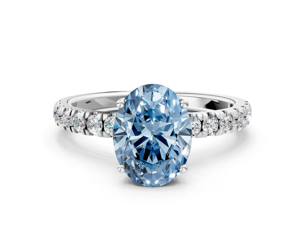 White gold Fancy Blue Oval Cut Diamond Pave Band Solitaire Ring with Round  and Prong Setting