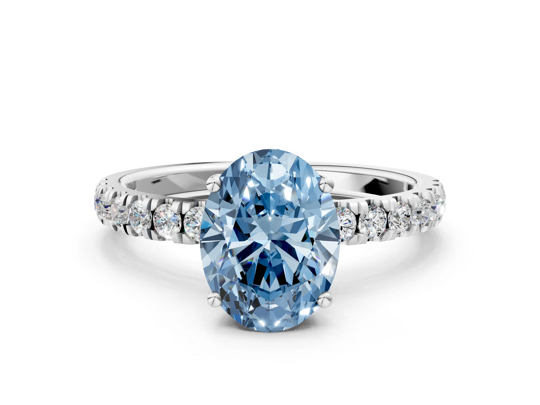 White gold Fancy Blue Oval Cut Diamond Pave Band Solitaire Ring with Round  and Prong Setting_130