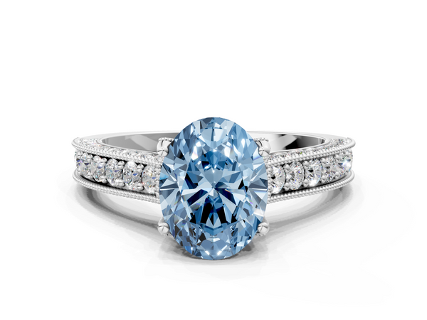 Platinum Fancy Blue Oval  Cut Diamond Solitaire Ring with Milgrain Pave Band and Four Prong Setting