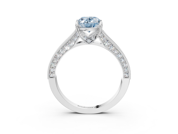 Platinum Fancy Blue Oval  Cut Diamond Solitaire Ring with Milgrain Pave Band and Four Prong Setting