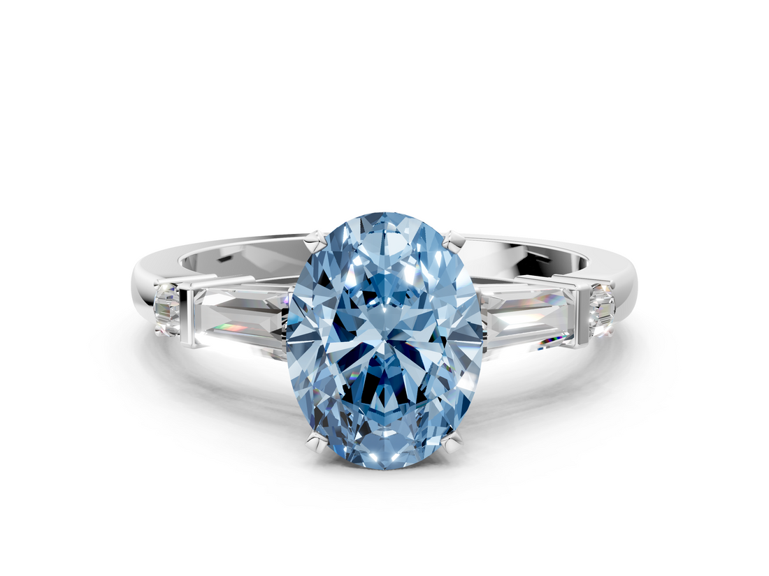 White gold Fancy Blue Oval  Cut Diamond Ring with Baguette Side Stones, Channel Set Band, and Four-Prong Setting_3
