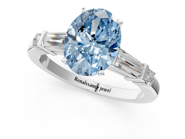 Platinum Fancy Blue Oval  Cut Diamond Ring with Baguette Side Stones, Channel Set Band, and Four-Prong Setting