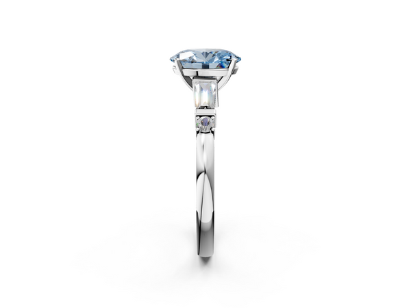 Platinum Fancy Blue Oval  Cut Diamond Ring with Baguette Side Stones, Channel Set Band, and Four-Prong Setting