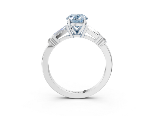 Platinum Fancy Blue Oval  Cut Diamond Ring with Baguette Side Stones, Channel Set Band, and Four-Prong Setting