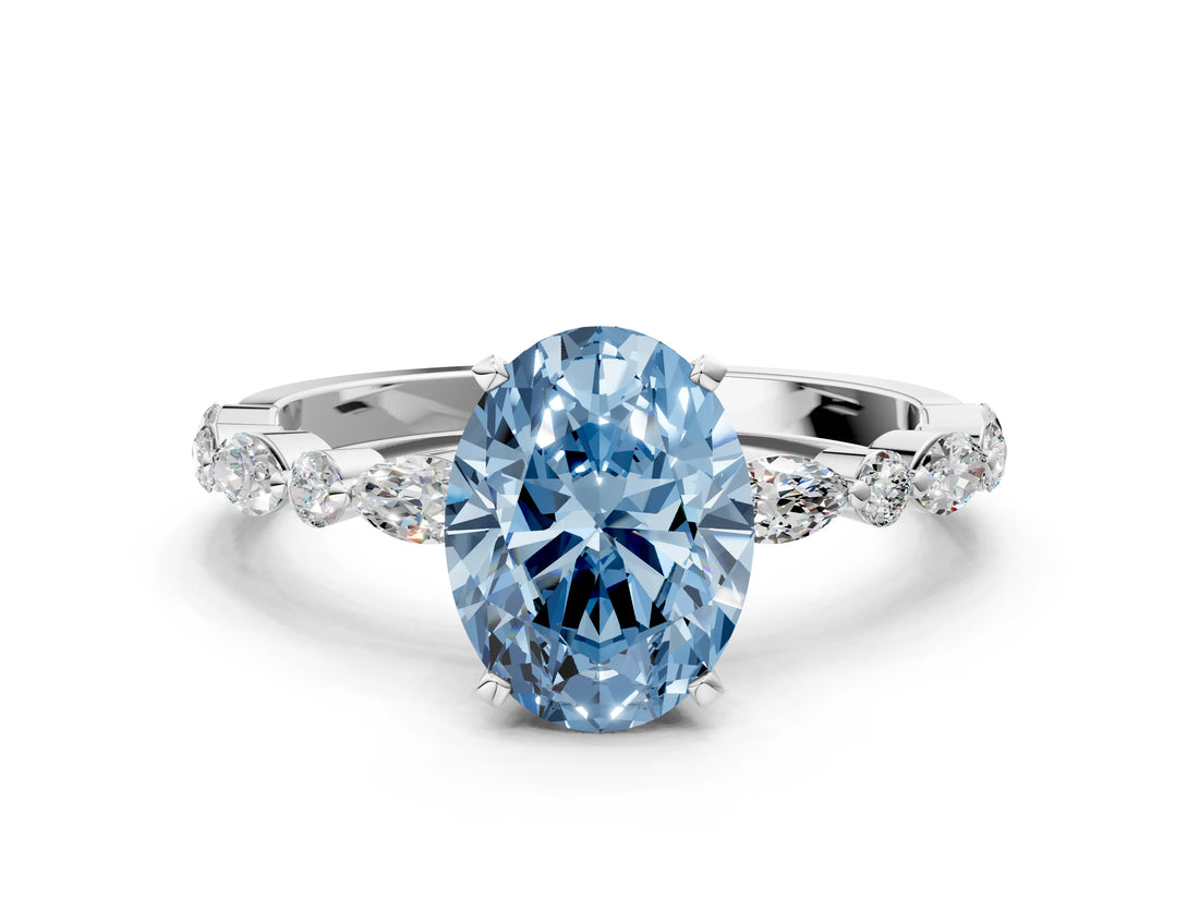 White gold Fancy Blue Oval Cut Diamond Ring with Marquise and Round  Side Stones and Four-Prong Setting_100