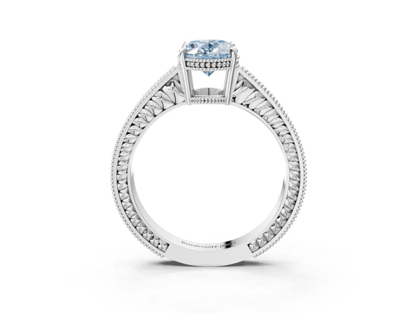 White gold Fancy Blue Oval Cut Diamond Ring with Milgrain Pavé Band and Four-Prong Setting