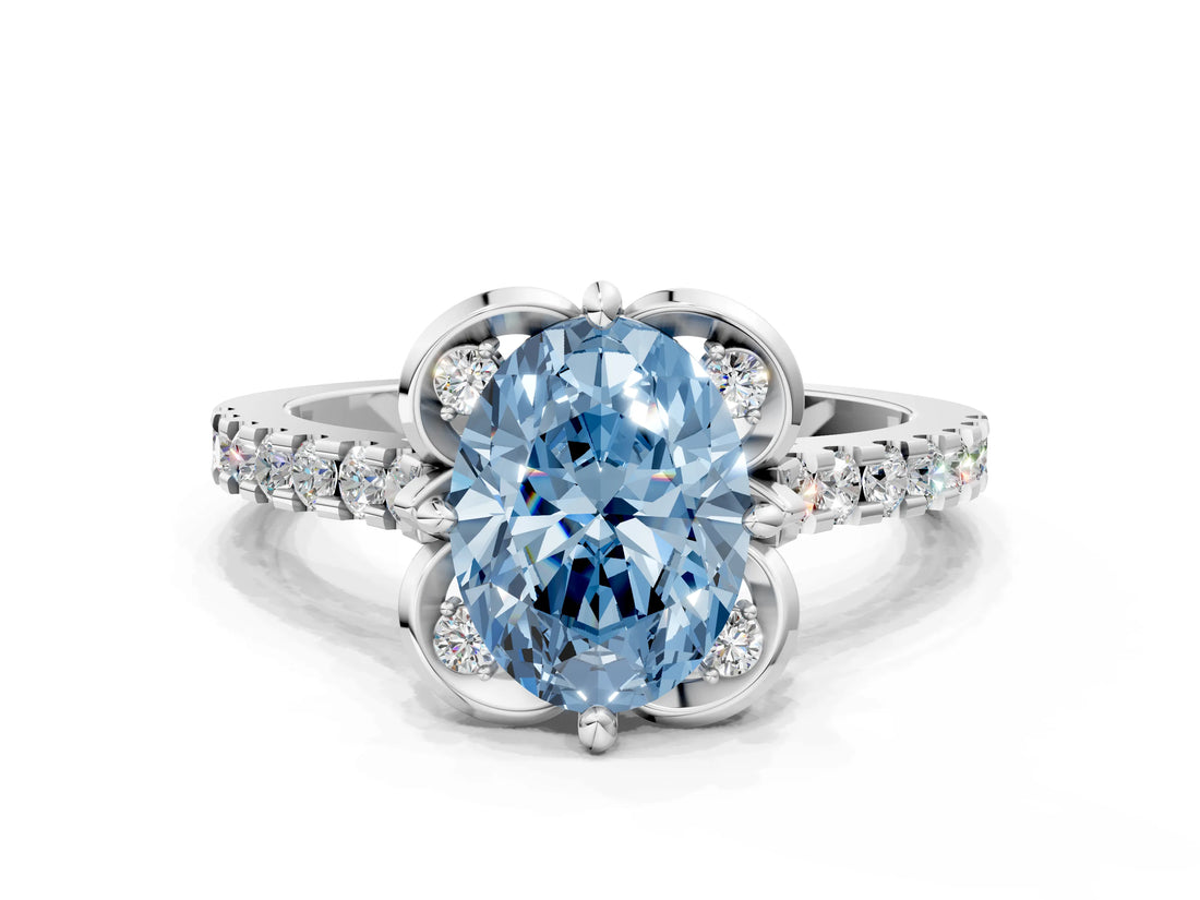 White gold Fancy Blue Oval Cut Diamond Ring with Pavé Band and Floral Prong Setting_39