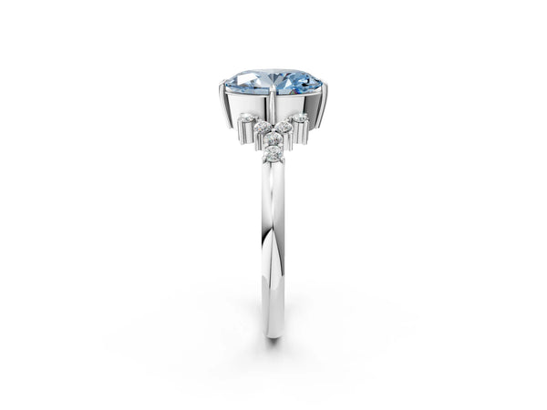 White gold Fancy Blue Oval Cut Diamond Ring with Side Stones and Four-Prong Setting